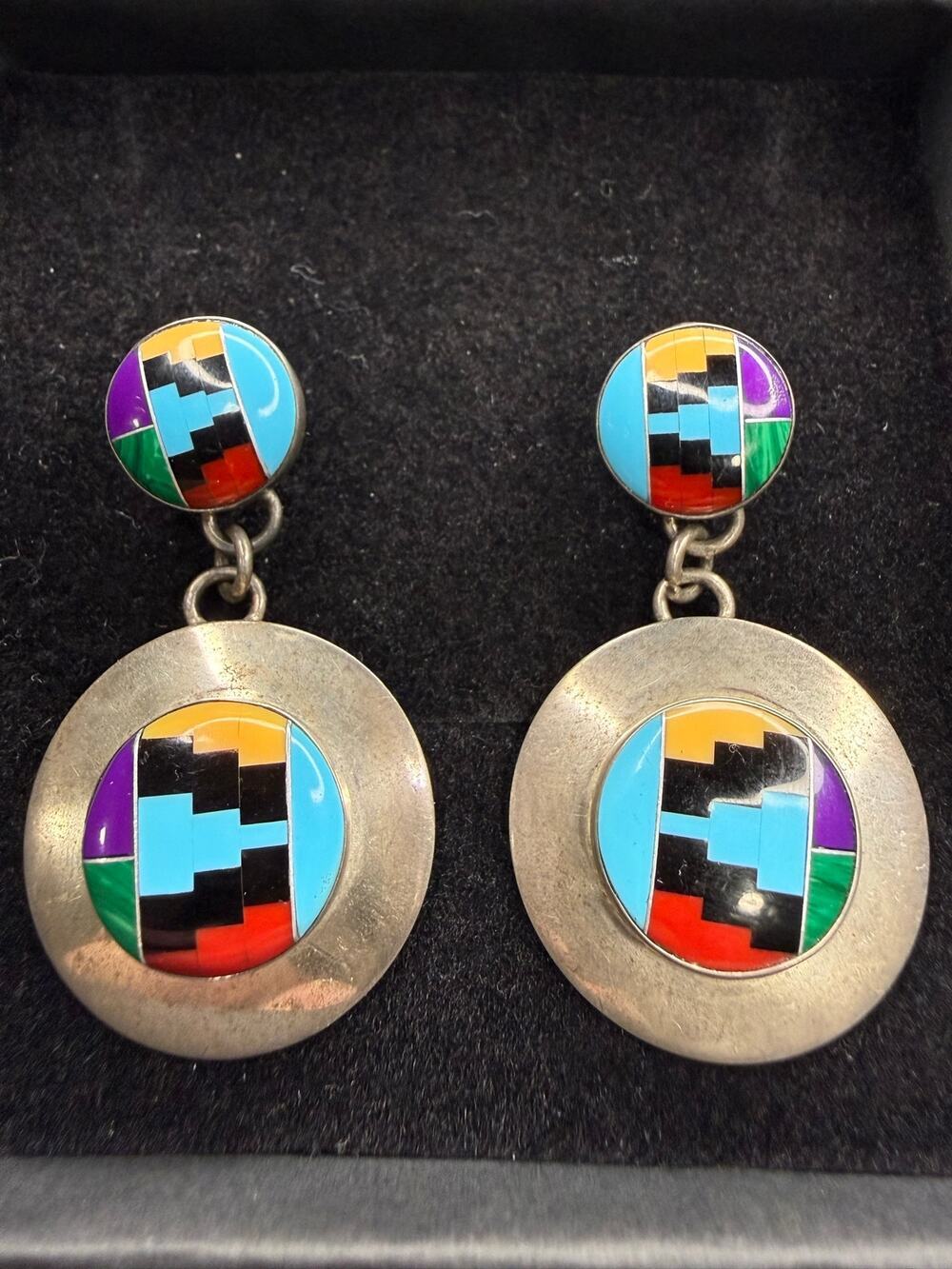 Vintage Solid 925 Sterling Silver Navajo Dangle Earrings 2" Drop Signed